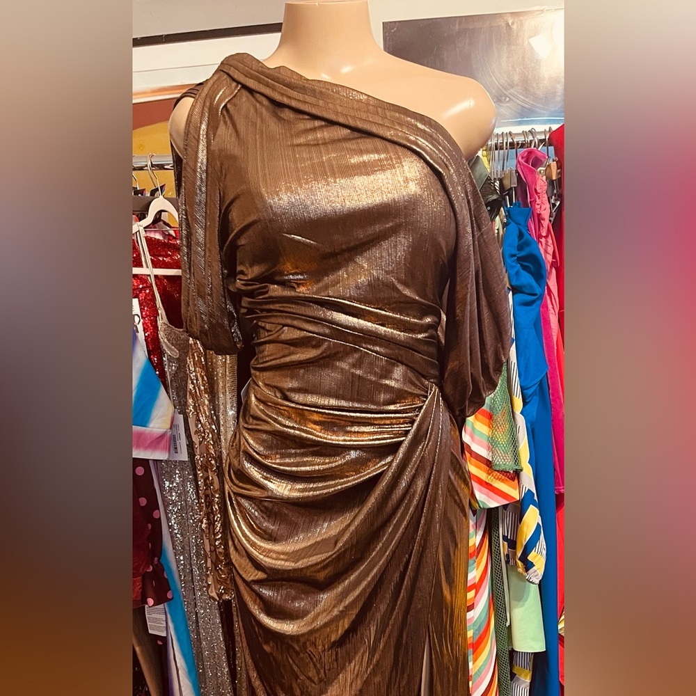 Stunning Amazon Atelier Metallic Ruched One Shoulder Cocktail Gown